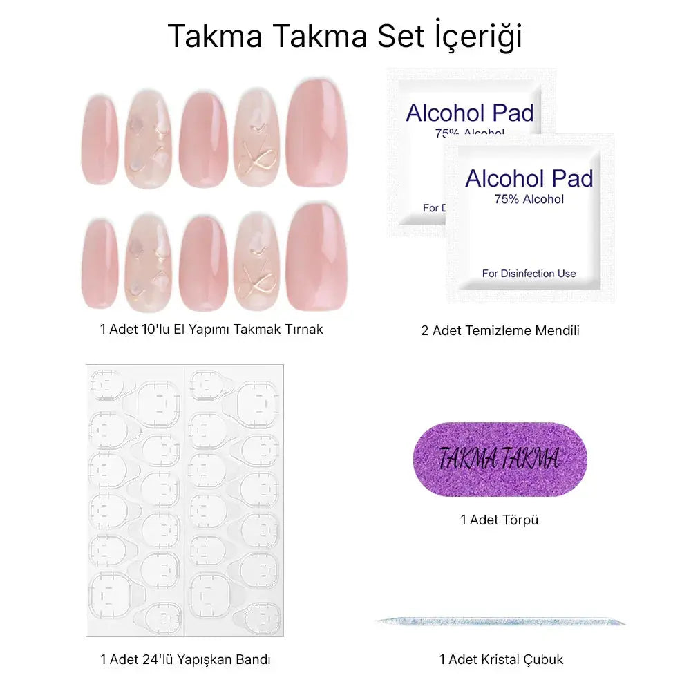 10'lu Pembe Kısa Oval TT609 Tekrar Kullanılabilir El Yapımı Protez Takma Tırnak Takma Takma