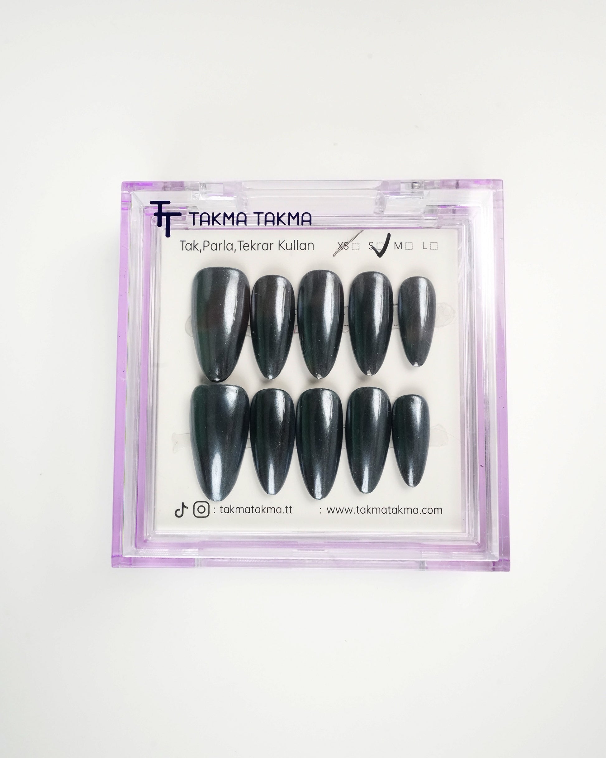 15'li Siyah Uzun Badem UBD1505 Tekrar Kullanılabilir El Yapımı Protez Takma Tırnak