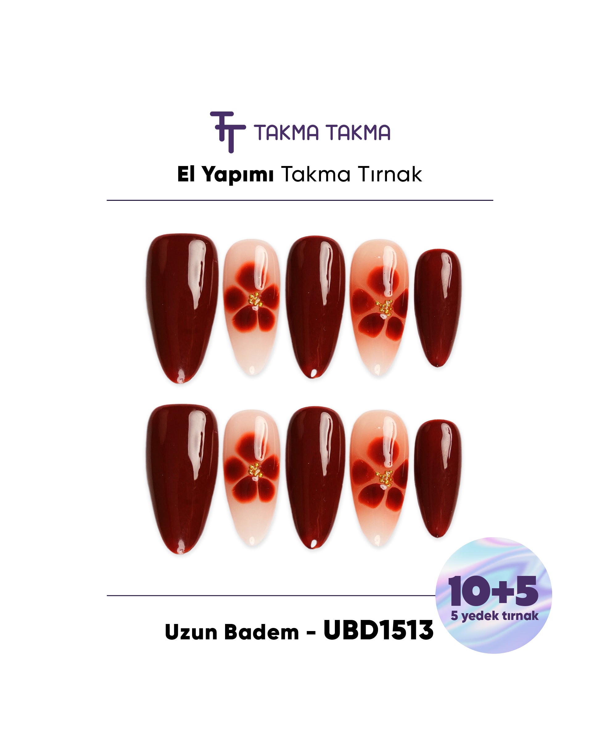 15'li Kahverengi Uzun Badem UBD1513 Tekrar Kullanılabilir El Yapımı Protez Takma Tırnak Takma Takma