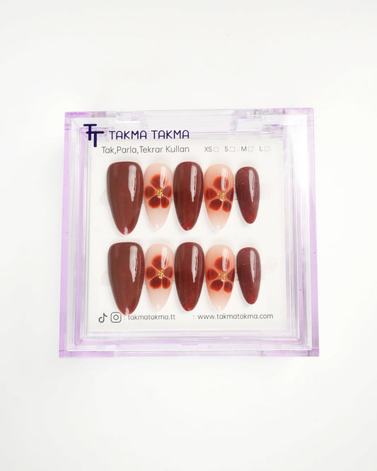 15'li Kahverengi Uzun Badem UBD1513 Tekrar Kullanılabilir El Yapımı Protez Takma Tırnak