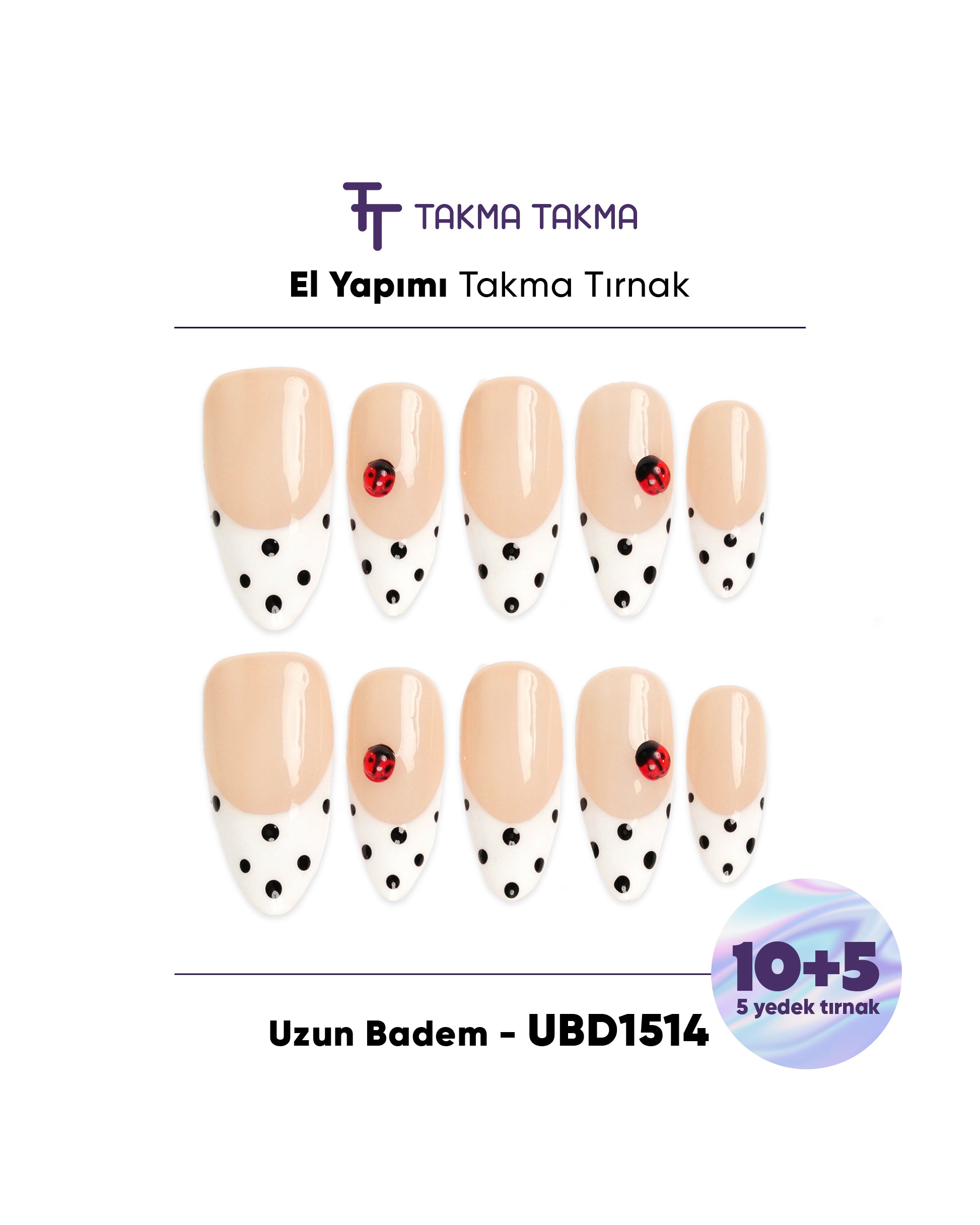 15'li Ten Uzun Badem UBD1514 Tekrar Kullanılabilir El Yapımı Protez Takma Tırnak Takma Takma