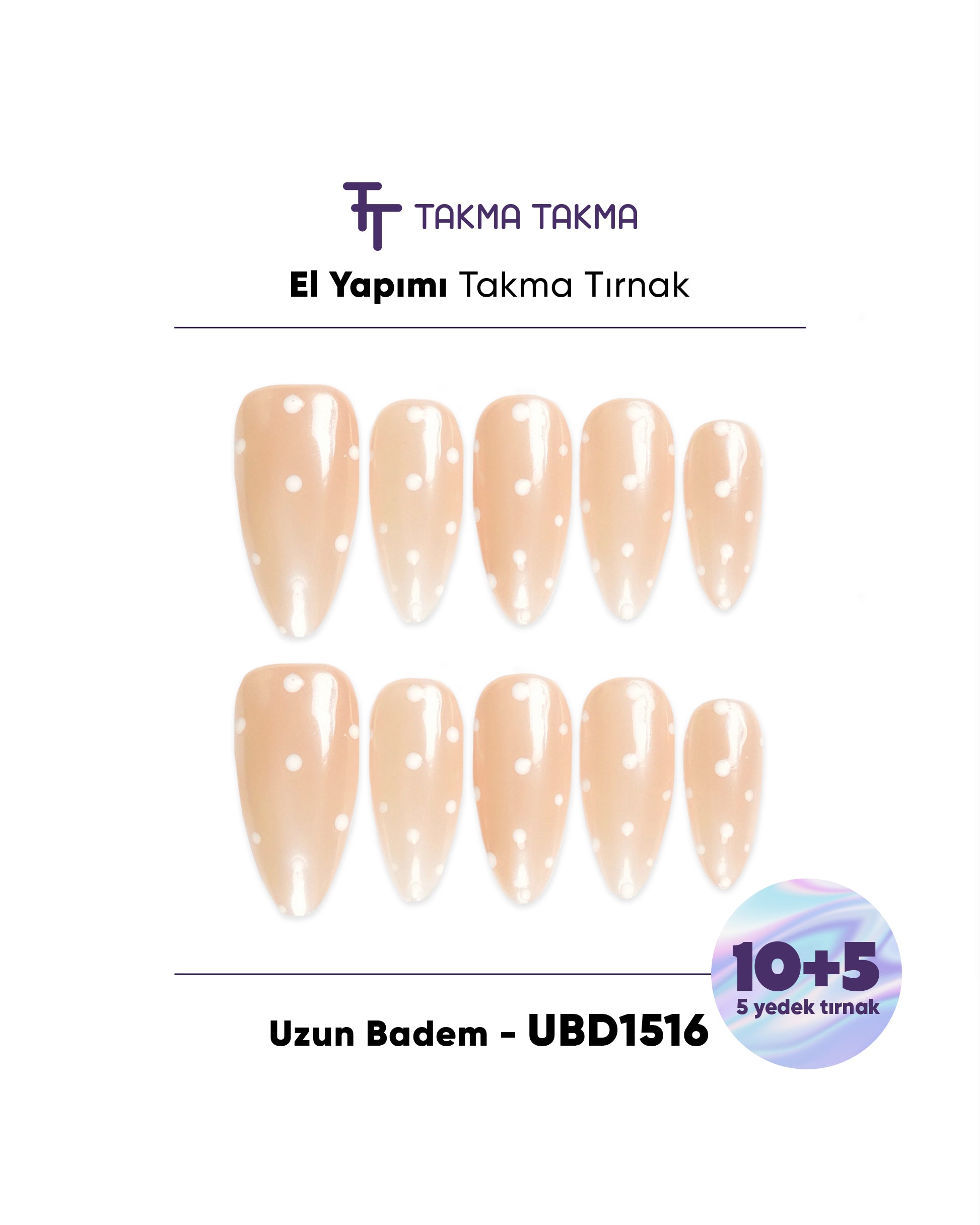 15'li Ten Uzun Badem UBD1516 Tekrar Kullanılabilir El Yapımı Protez Takma Tırnak Takma Takma