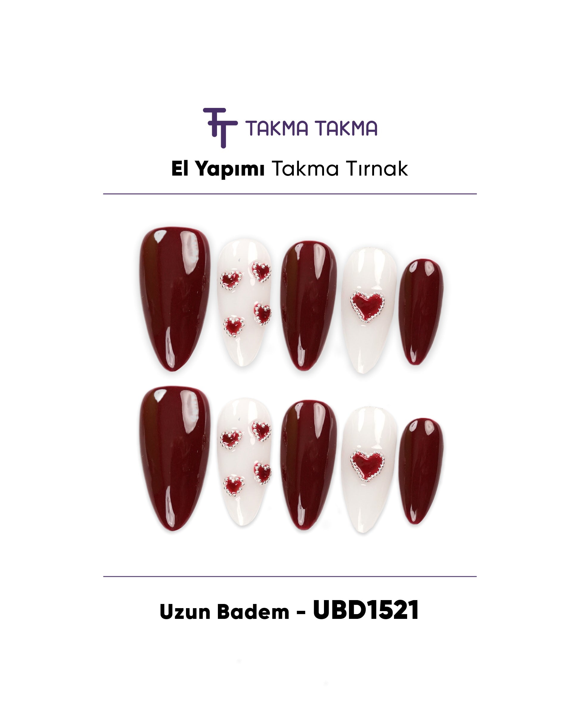 10'lu Bordo Uzun Badem UBD1521 Tekrar Kullanılabilir El Yapımı Protez Takma Tırnak Takma Takma