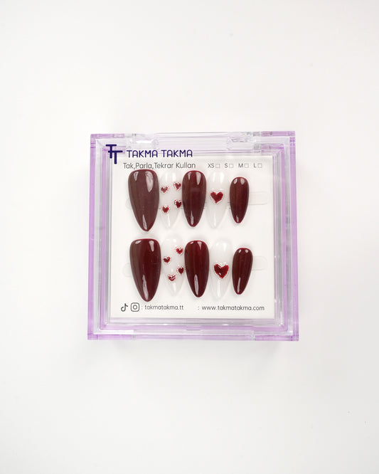 10'lu Bordo Uzun Badem UBD1521 Tekrar Kullanılabilir El Yapımı Protez Takma Tırnak