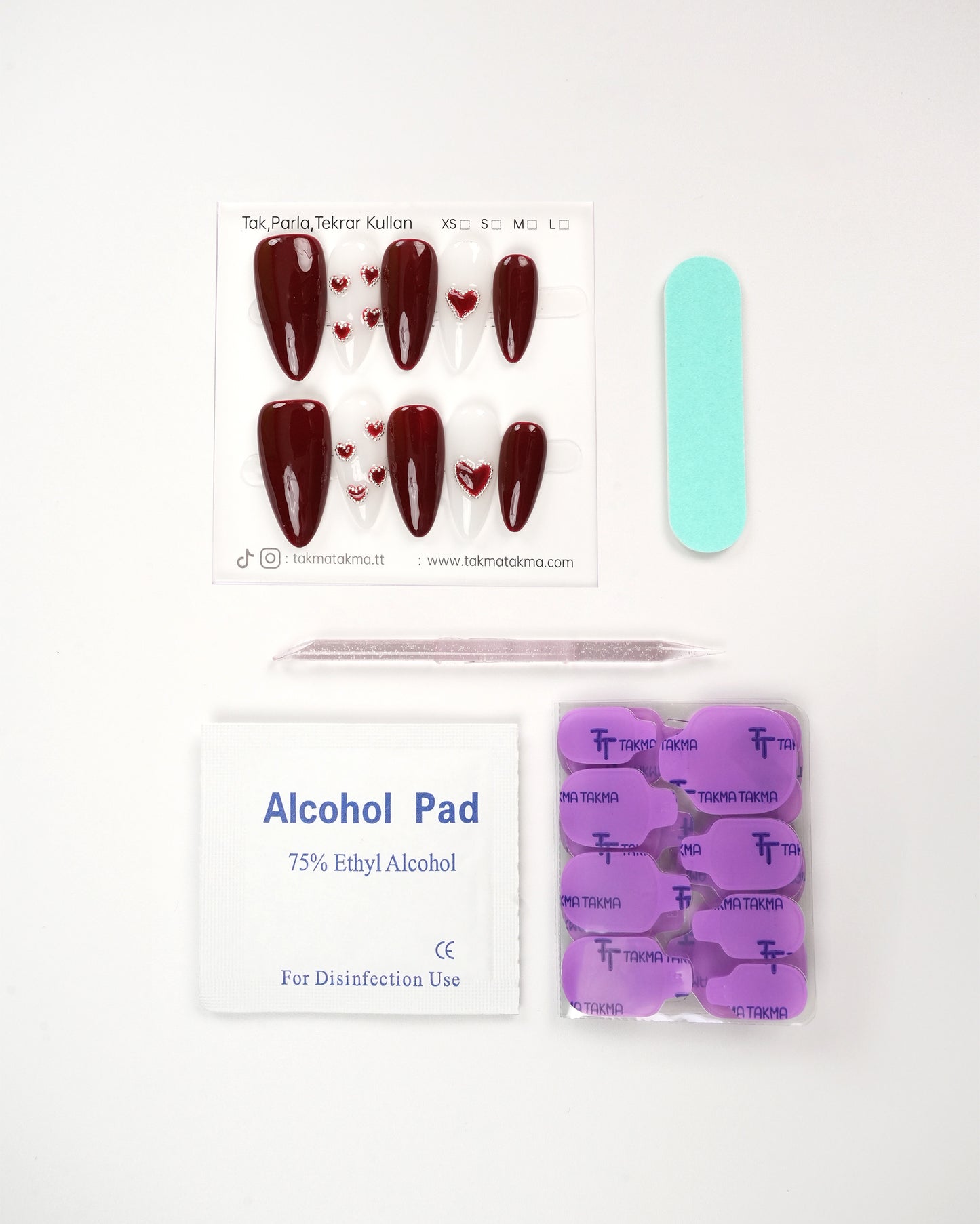 10'lu Bordo Uzun Badem UBD1521 Tekrar Kullanılabilir El Yapımı Protez Takma Tırnak