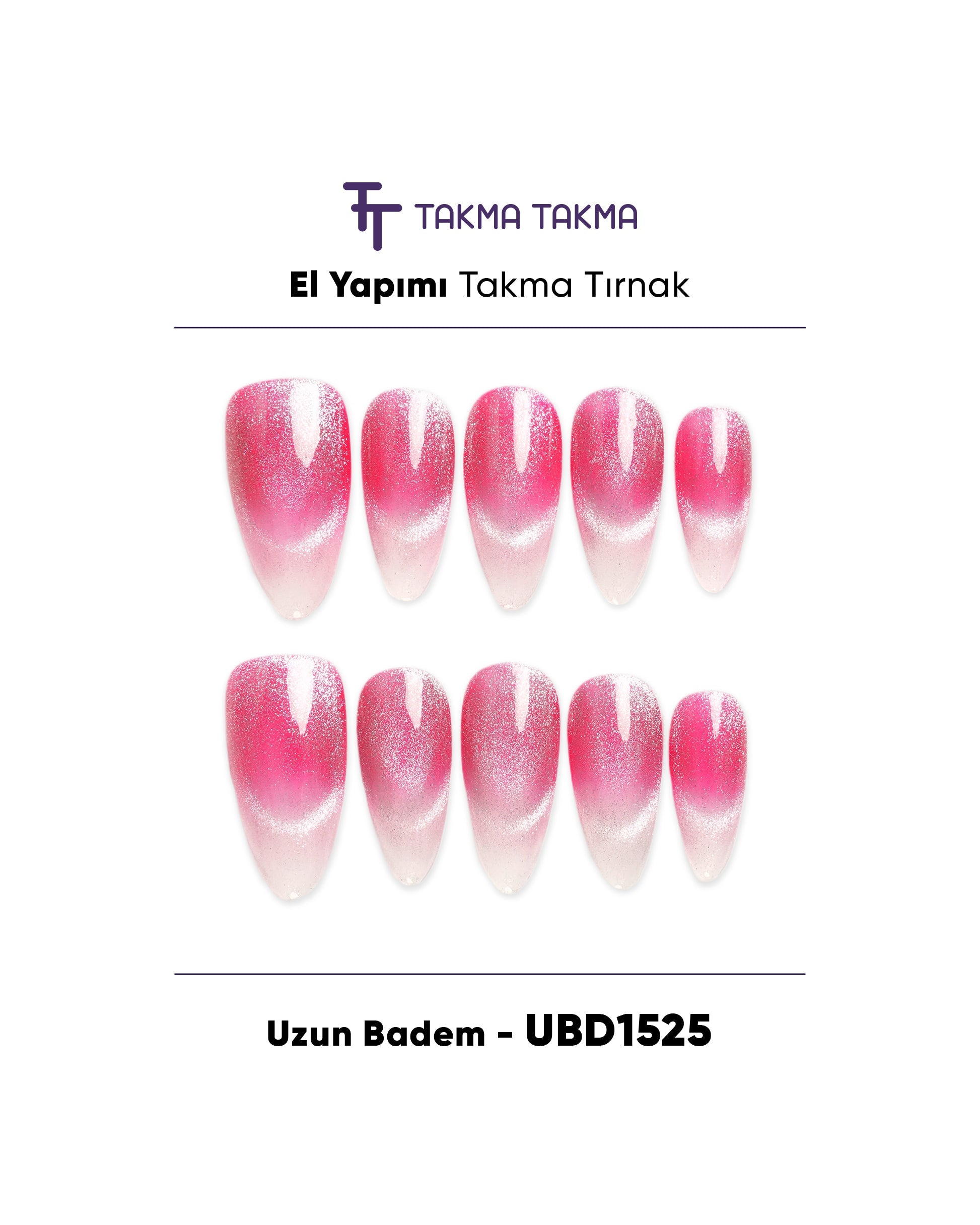 10'lu Pembe Uzun Badem UBD1525 Tekrar Kullanılabilir El Yapımı Protez Takma Tırnak Takma Takma