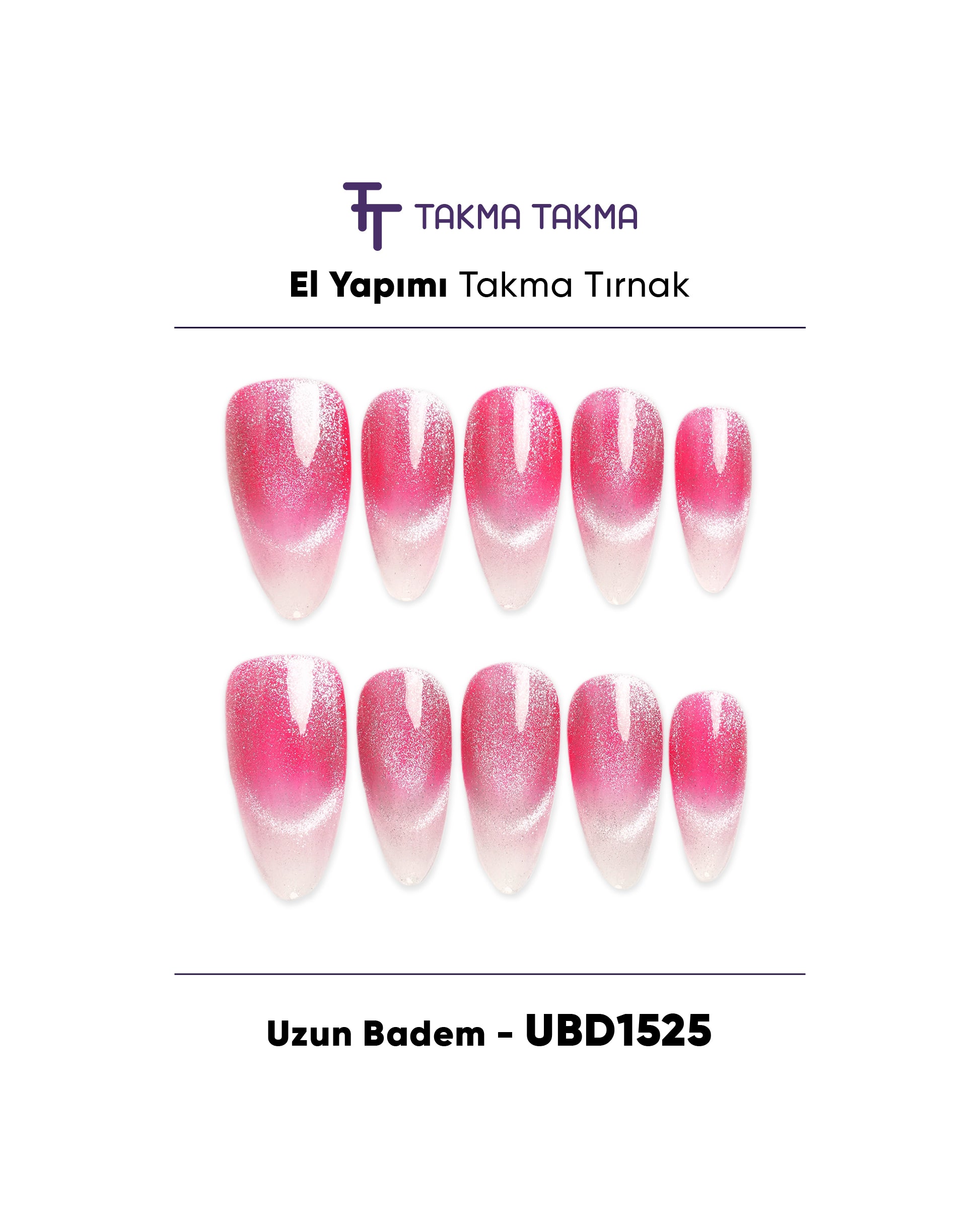 10'lu Pembe Uzun Badem UBD1525 Tekrar Kullanılabilir El Yapımı Protez Takma Tırnak