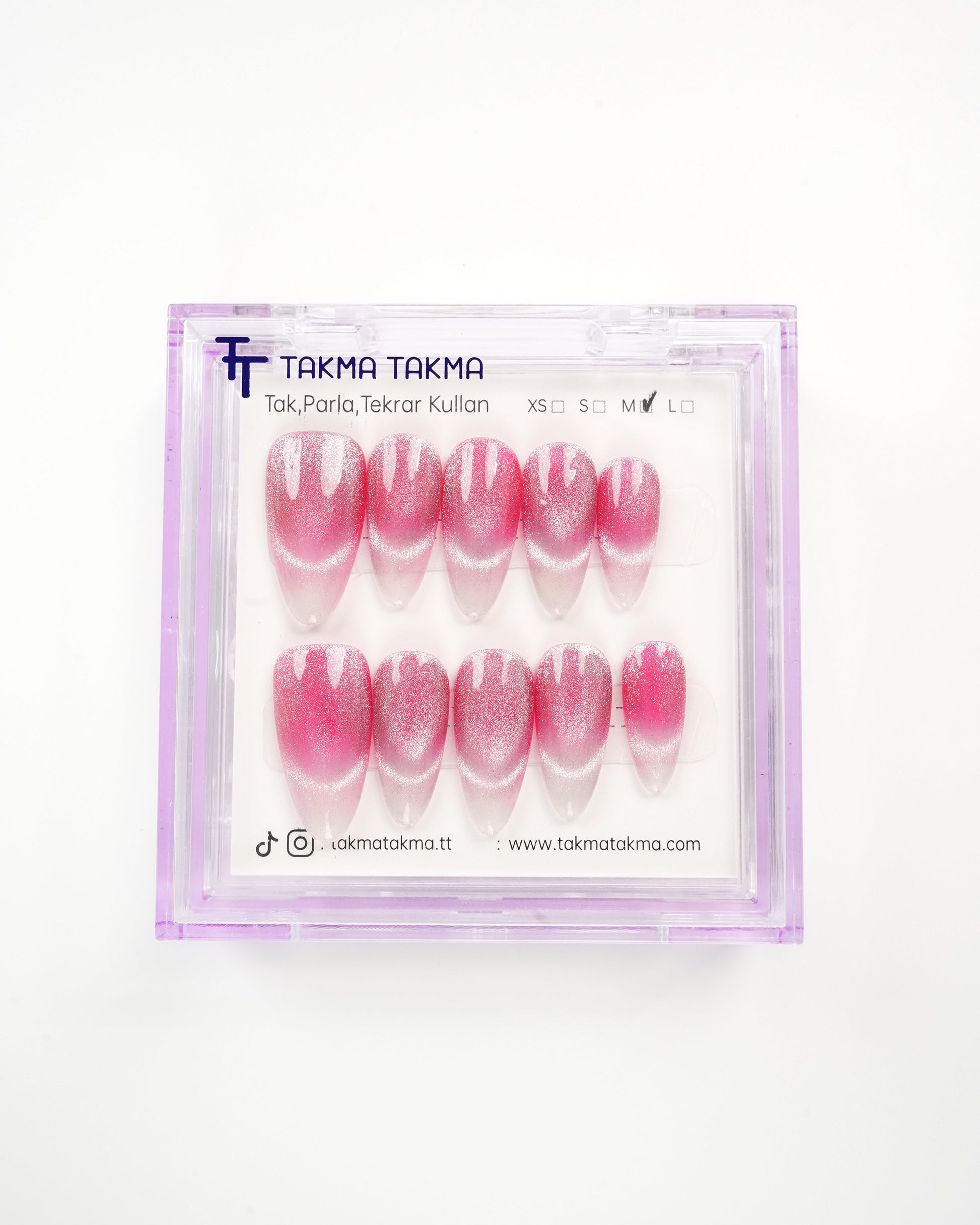 10'lu Pembe Uzun Badem UBD1525 Tekrar Kullanılabilir El Yapımı Protez Takma Tırnak