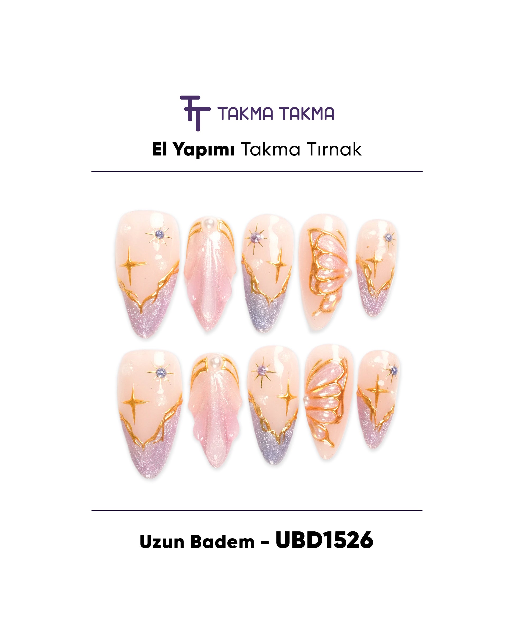 10'lu Ten Uzun Badem UBD1526 Tekrar Kullanılabilir El Yapımı Protez Takma Tırnak Takma Takma
