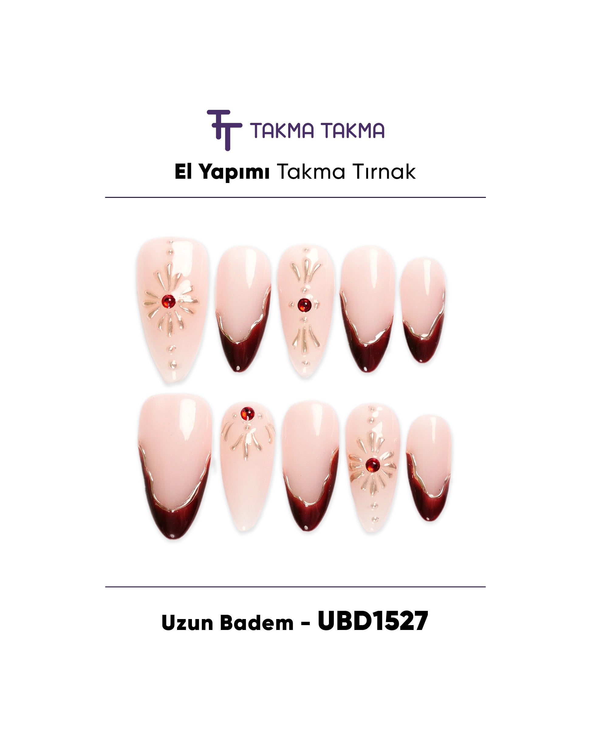10'lu Ten Uzun Badem UBD1527 Tekrar Kullanılabilir El Yapımı Protez Takma Tırnak Takma Takma