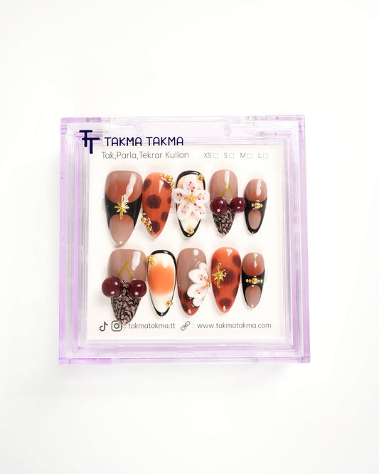 10'lu Kahve Uzun Badem UBD1529 Tekrar Kullanılabilir El Yapımı Protez Takma Tırnak