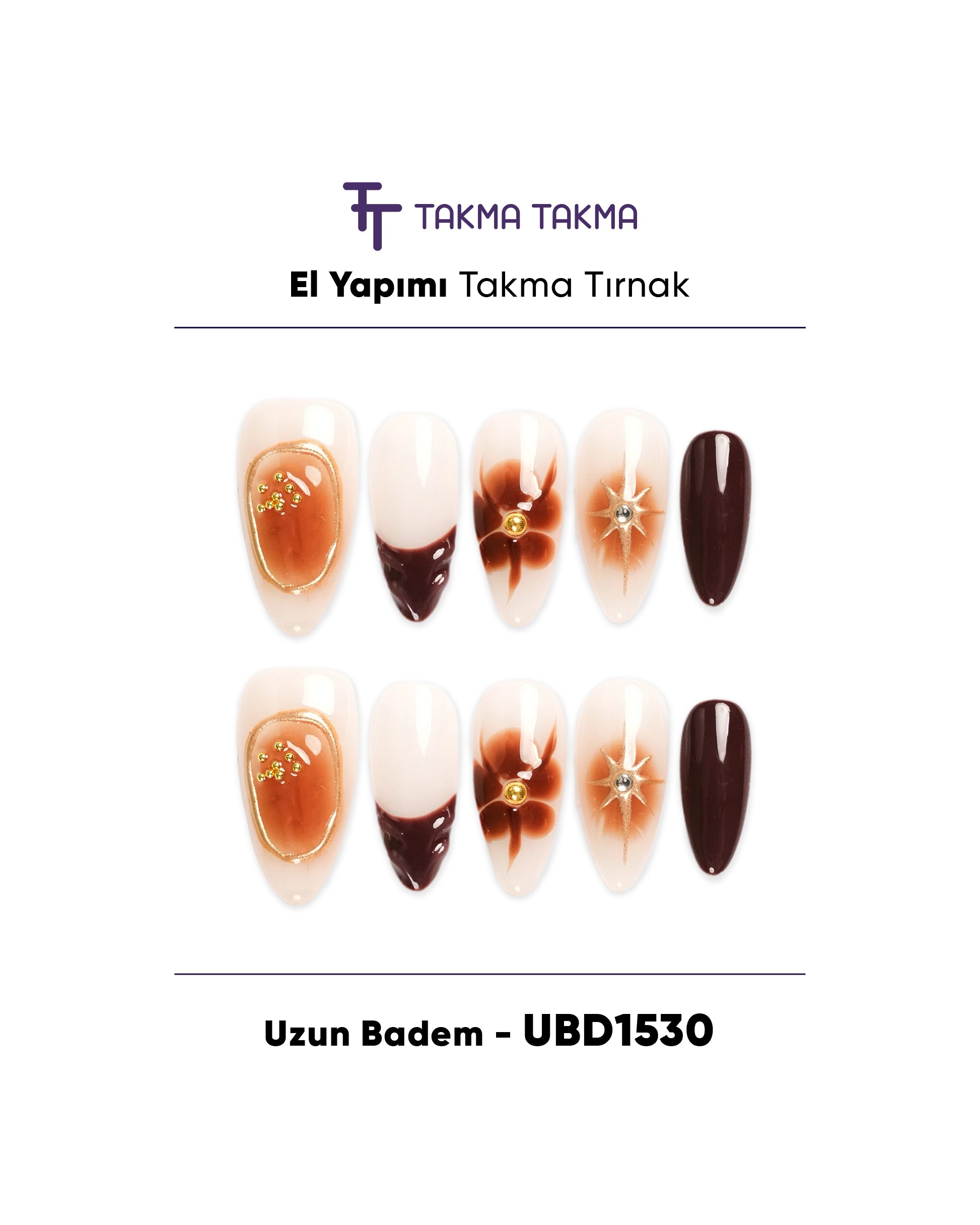10'lu Uzun Badem Kahve UBD1530 Tekrar Kullanılabilir El Yapımı Protez Takma Tırnak Takma Takma