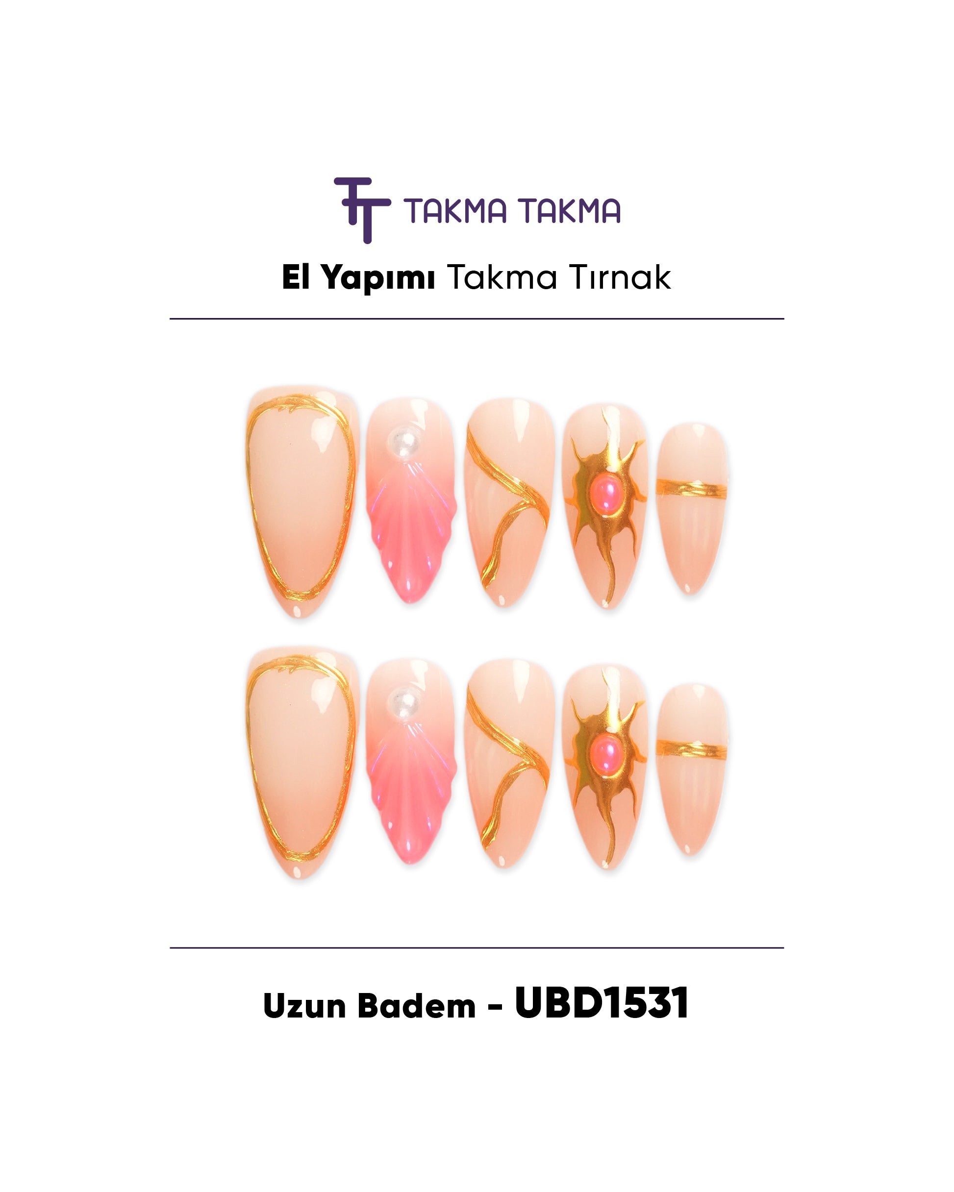 10'lu Ten Uzun Badem UBD1531 Tekrar Kullanılabilir El Yapımı Protez Takma Tırnak Takma Takma