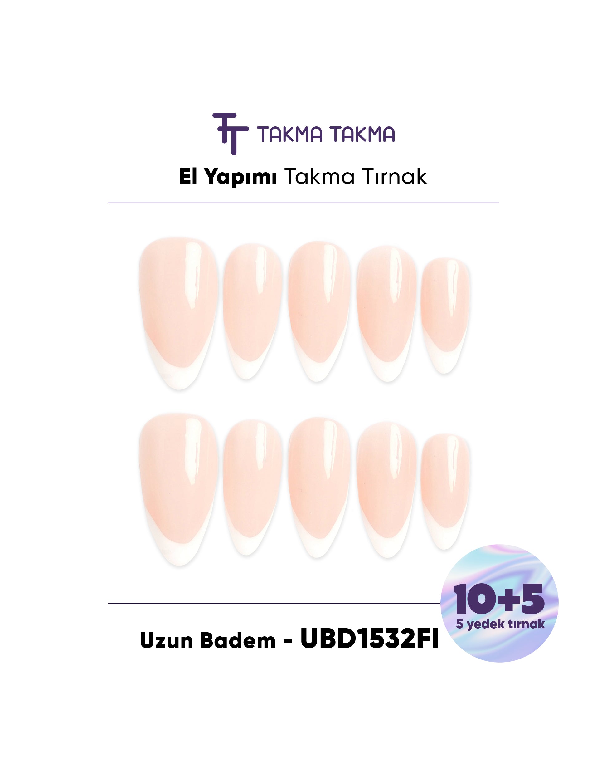 15'li Ten Uzun Badem UBD1532FI Tekrar Kullanılabilir El Yapımı Protez Takma Tırnak