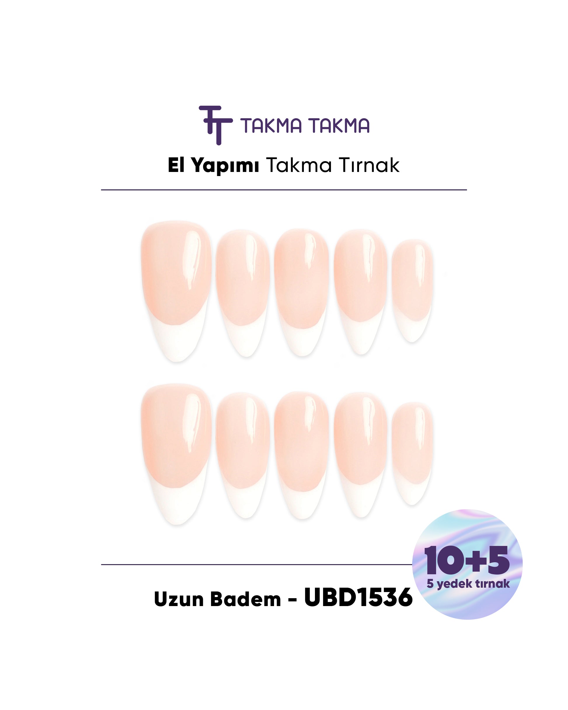 15'li Ten Uzun Badem UBDK1536FK Tekrar Kullanılabilir El Yapımı Protez Takma Tırnak
