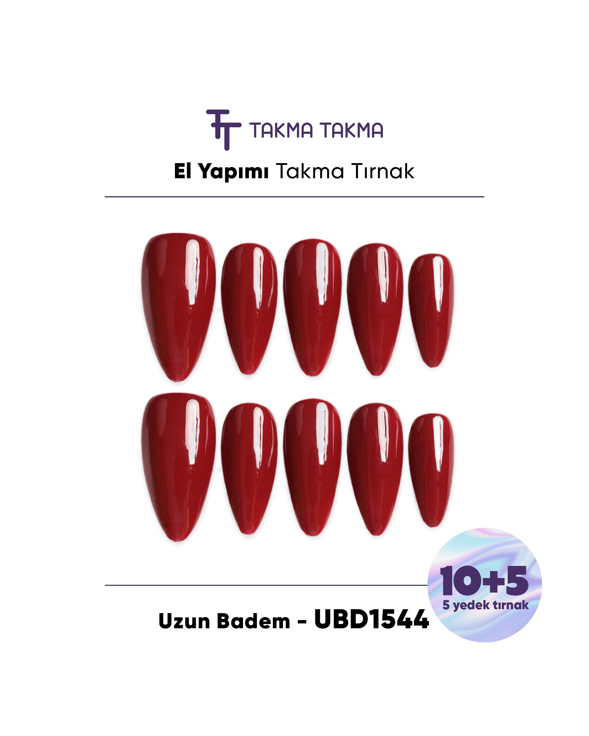 15'li Bordo Uzun Badem UBD1544 Tekrar Kullanılabilir El Yapımı Protez Takma Tırnak
