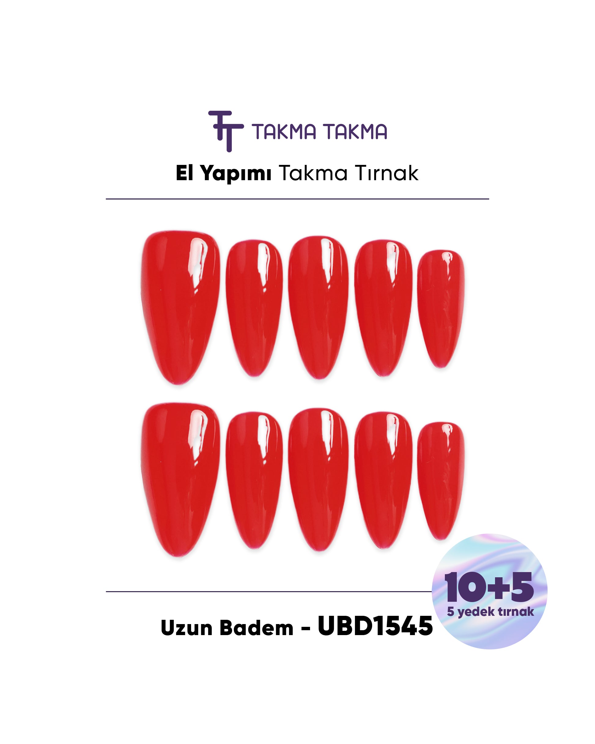 15'li Kırmızı Uzun Badem UBD1545 Tekrar Kullanılabilir El Yapımı Protez Takma Tırnak