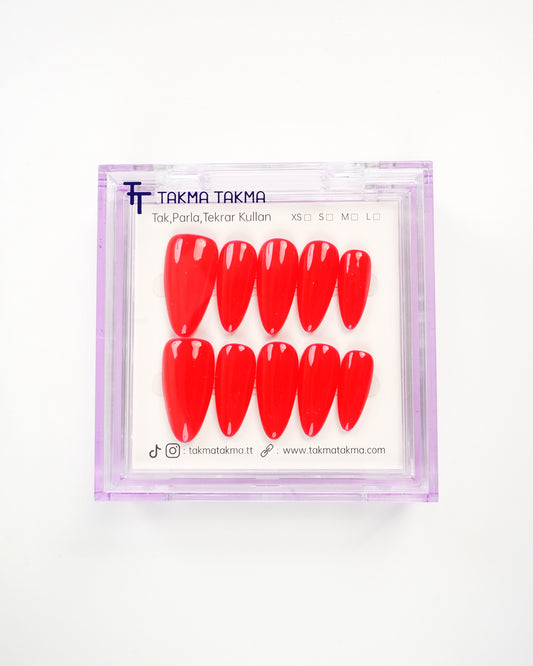 15'li Kırmızı Uzun Badem UBD1545 Tekrar Kullanılabilir El Yapımı Protez Takma Tırnak