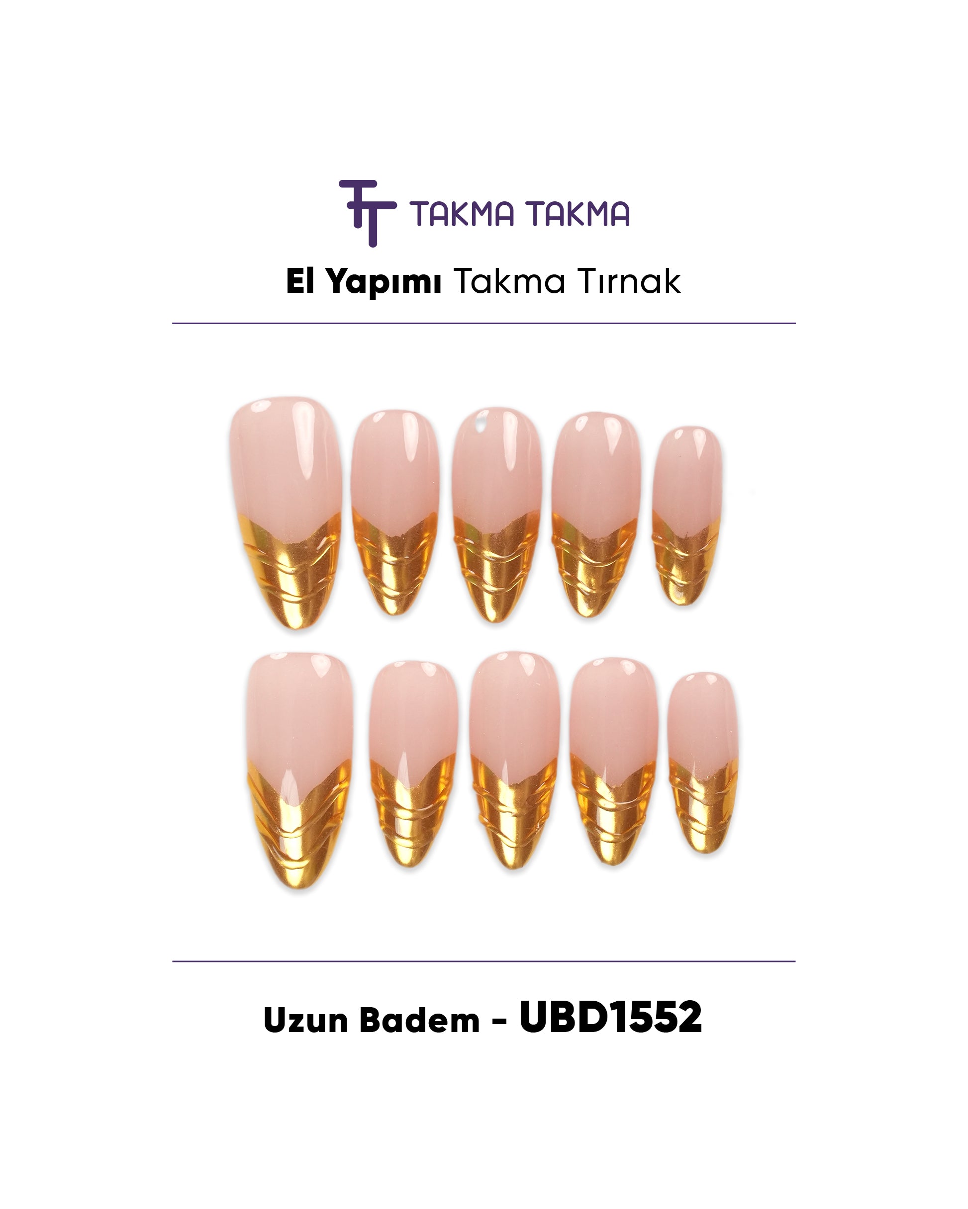 10'lu Ten Uzun Badem UBD1552 Tekrar Kullanılabilir El Yapımı Protez Takma Tırnak Takma Takma