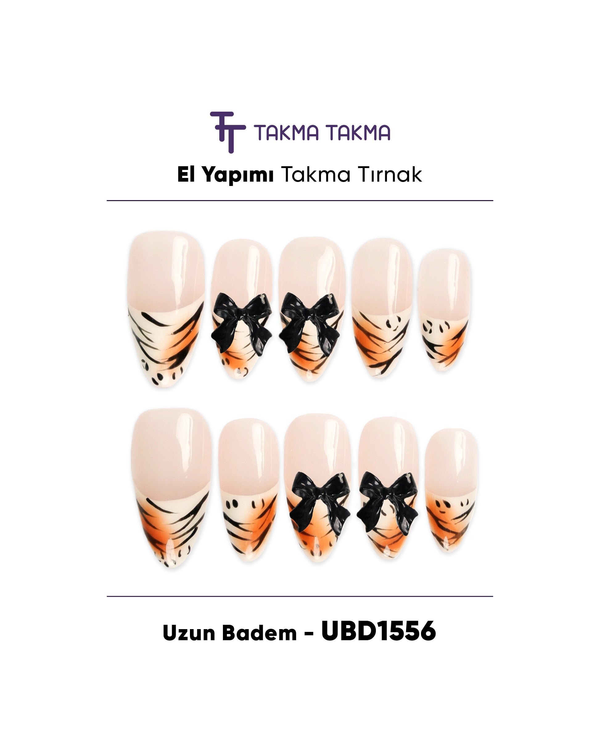 10'lu Ten Uzun Badem UBD1556 Tekrar Kullanılabilir El Yapımı Protez Takma Tırnak Takma Takma
