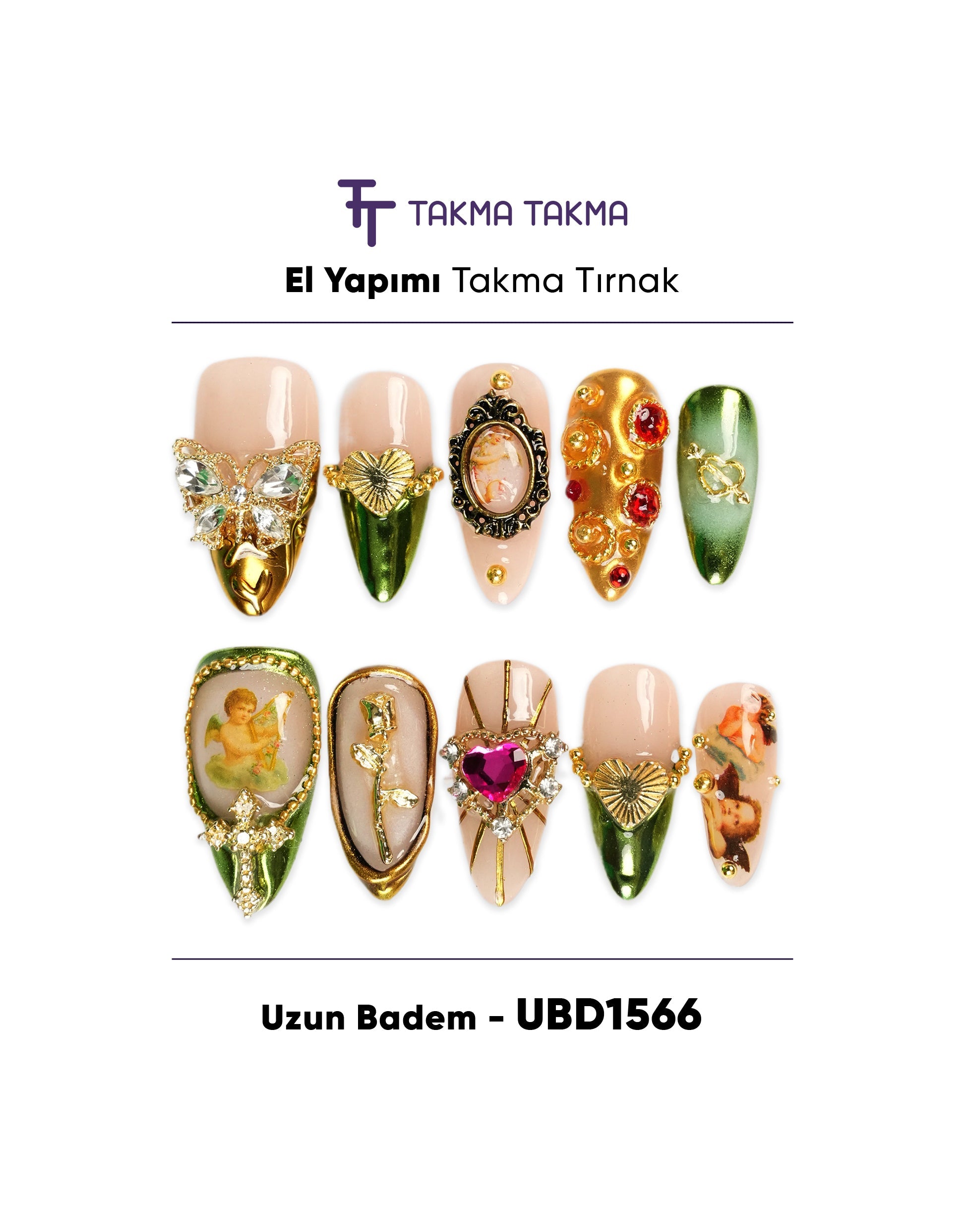 10'lu Renkli Uzun Badem UBD1566 Tekrar Kullanılabilir El Yapımı Protez Takma Tırnak Takma Takma
