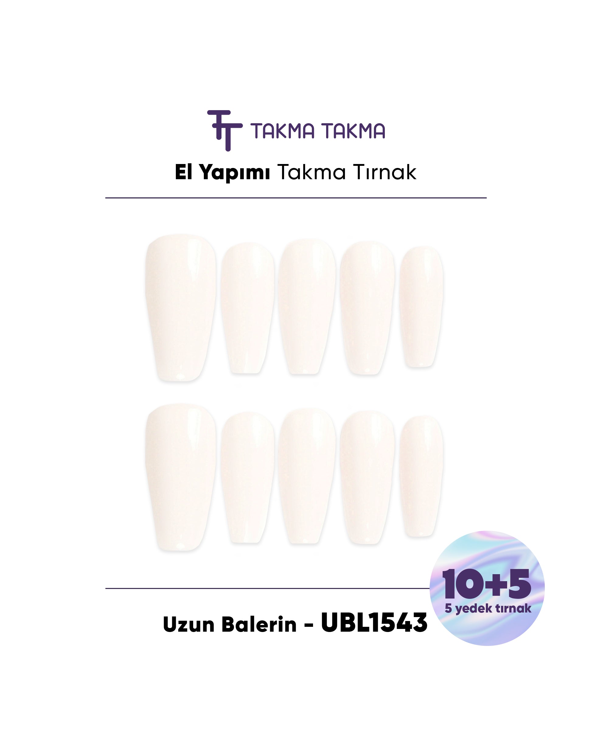 15'li Krem Uzun Balerin UBL1543 Tekrar Kullanılabilir El Yapımı Protez Takma Tırnak