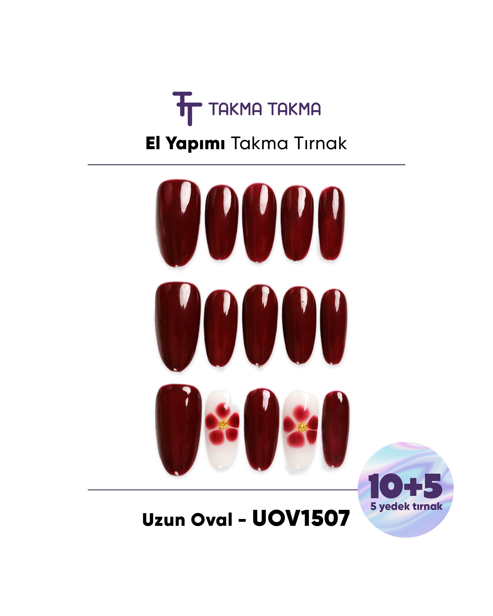 15'li Uzun Oval UOV1507 Tekrar Kullanılabilir El Yapımı Protez Takma Tırnak Takma Takma