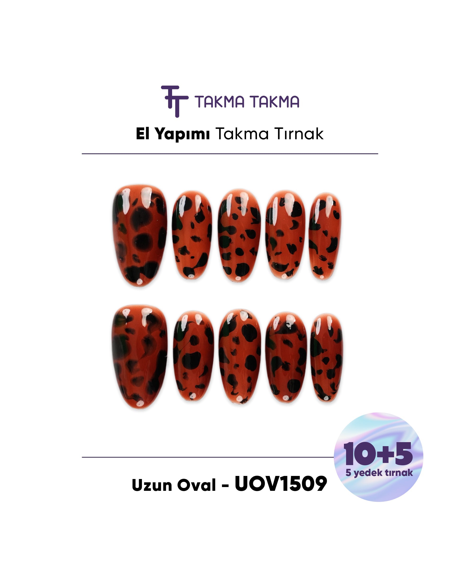 15'li Kahve Uzun Oval UOV1509 Tekrar Kullanılabilir El Yapımı Protez Takma Tırnak Takma Takma