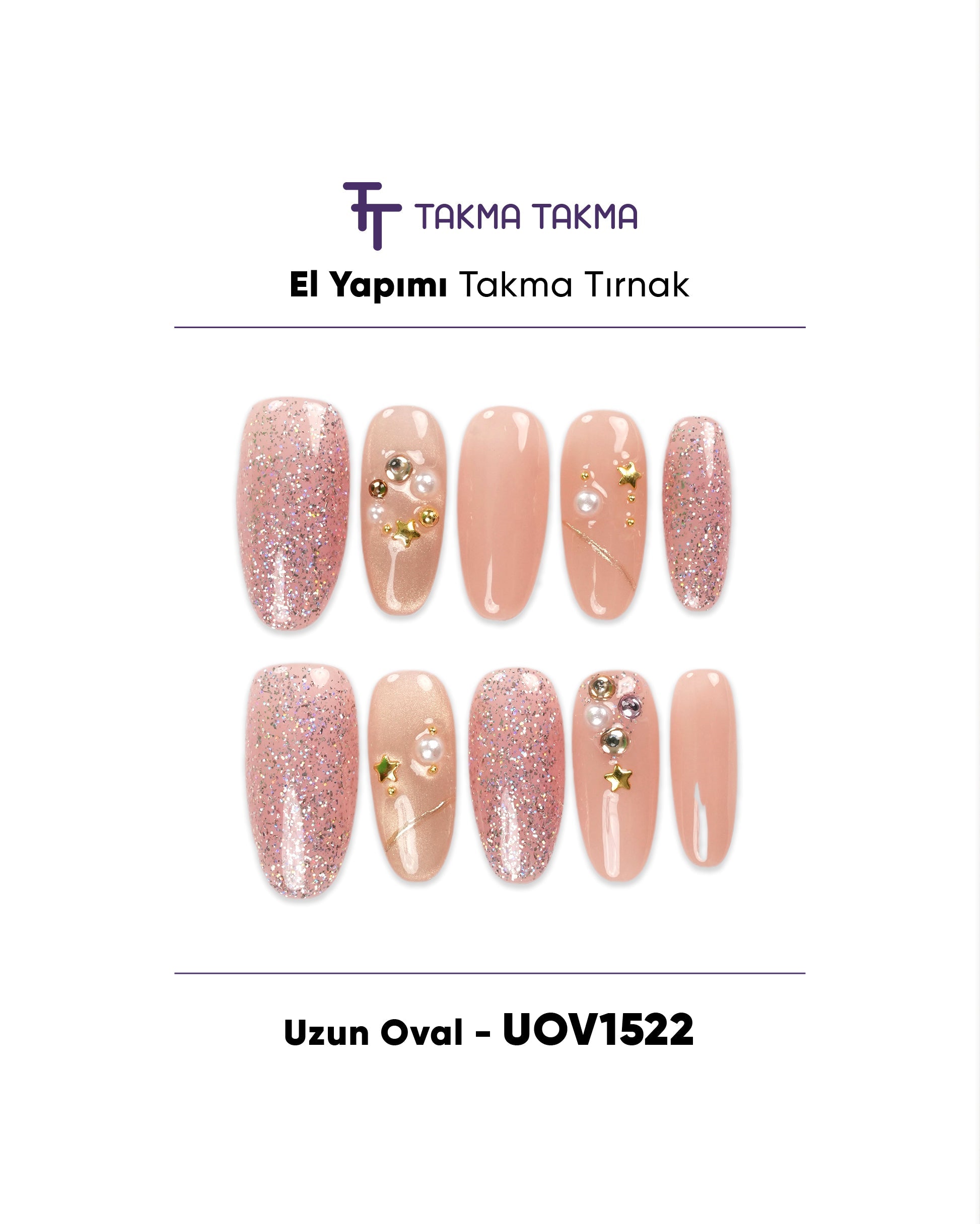 10'lu Ten Uzun Oval UOV1522 Tekrar Kullanılabilir El Yapımı Protez Takma Tırnak Takma Takma