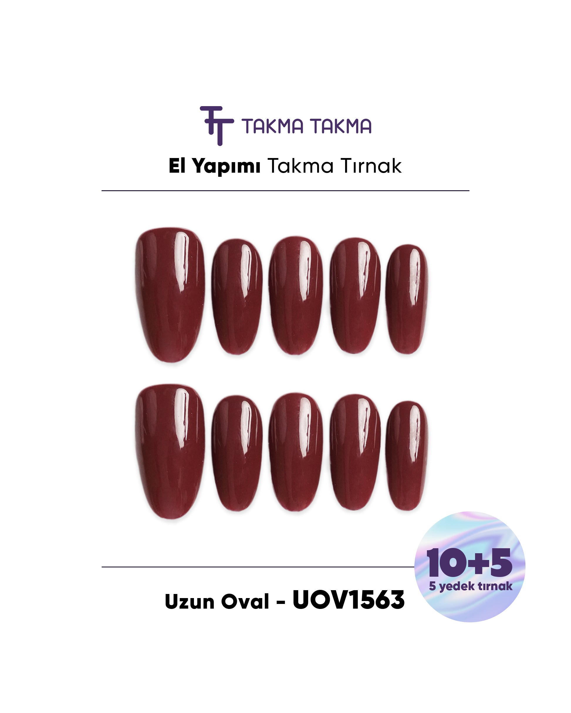 15'li Bordo Uzun Oval UOV1563 Tekrar Kullanılabilir El Yapımı Protez Takma Tırnak