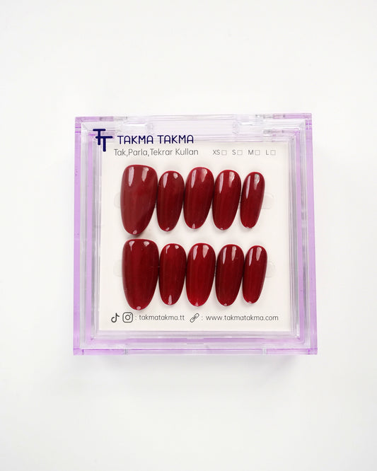 15'li Bordo Uzun Oval UOV1563 Tekrar Kullanılabilir El Yapımı Protez Takma Tırnak