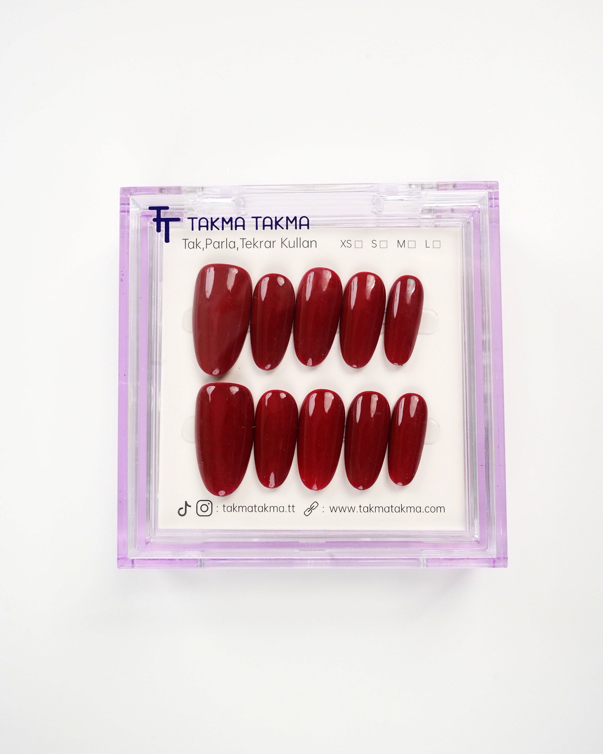 15'li Bordo Uzun Oval UOV1563 Tekrar Kullanılabilir El Yapımı Protez Takma Tırnak