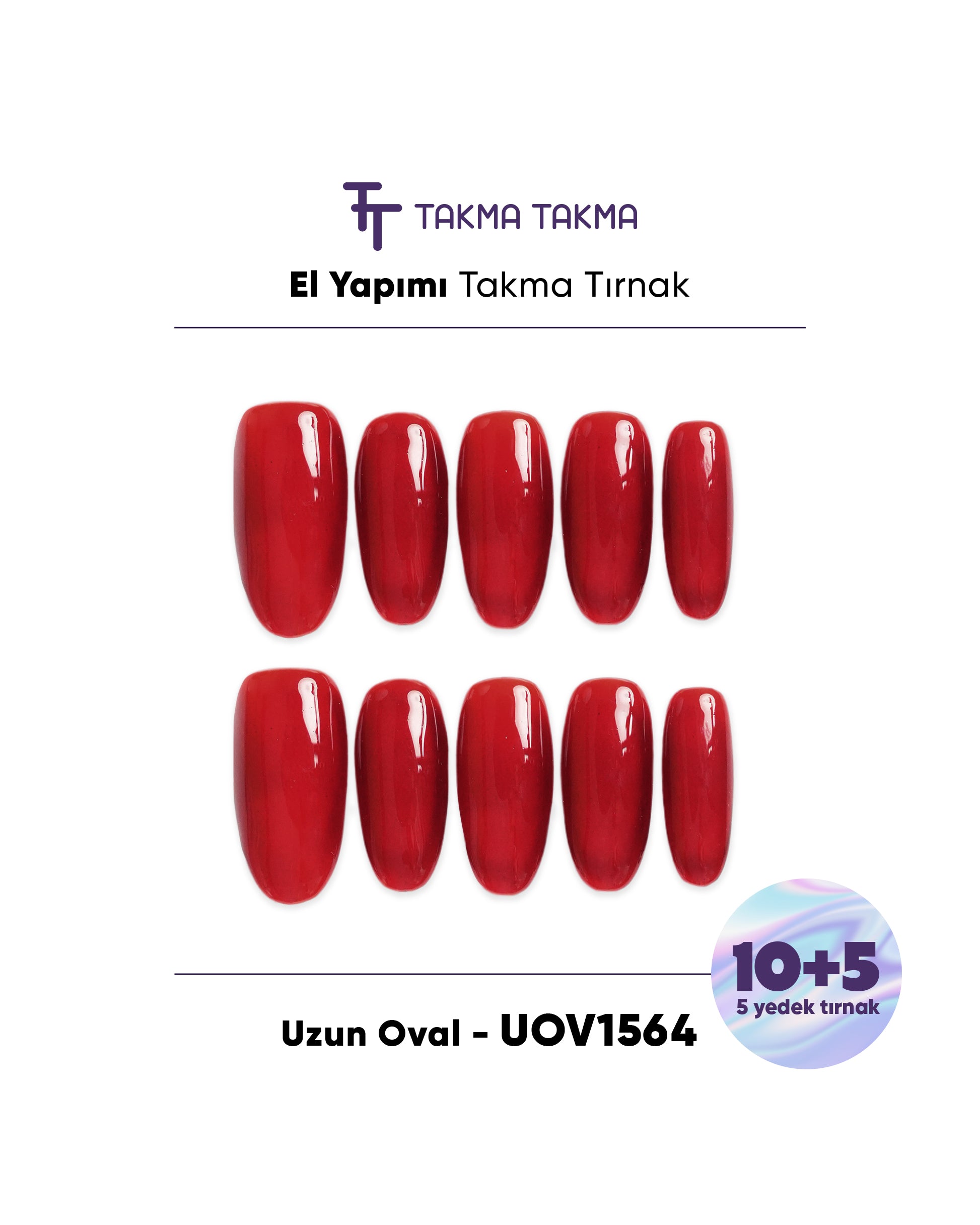 15'li Kırmızı Uzun Oval UOV1564 Tekrar Kullanılabilir El Yapımı Protez Takma Tırnak Takma Takma