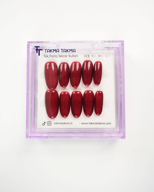 15'li Kırmızı Uzun Oval UOV1564 Tekrar Kullanılabilir El Yapımı Protez Takma Tırnak