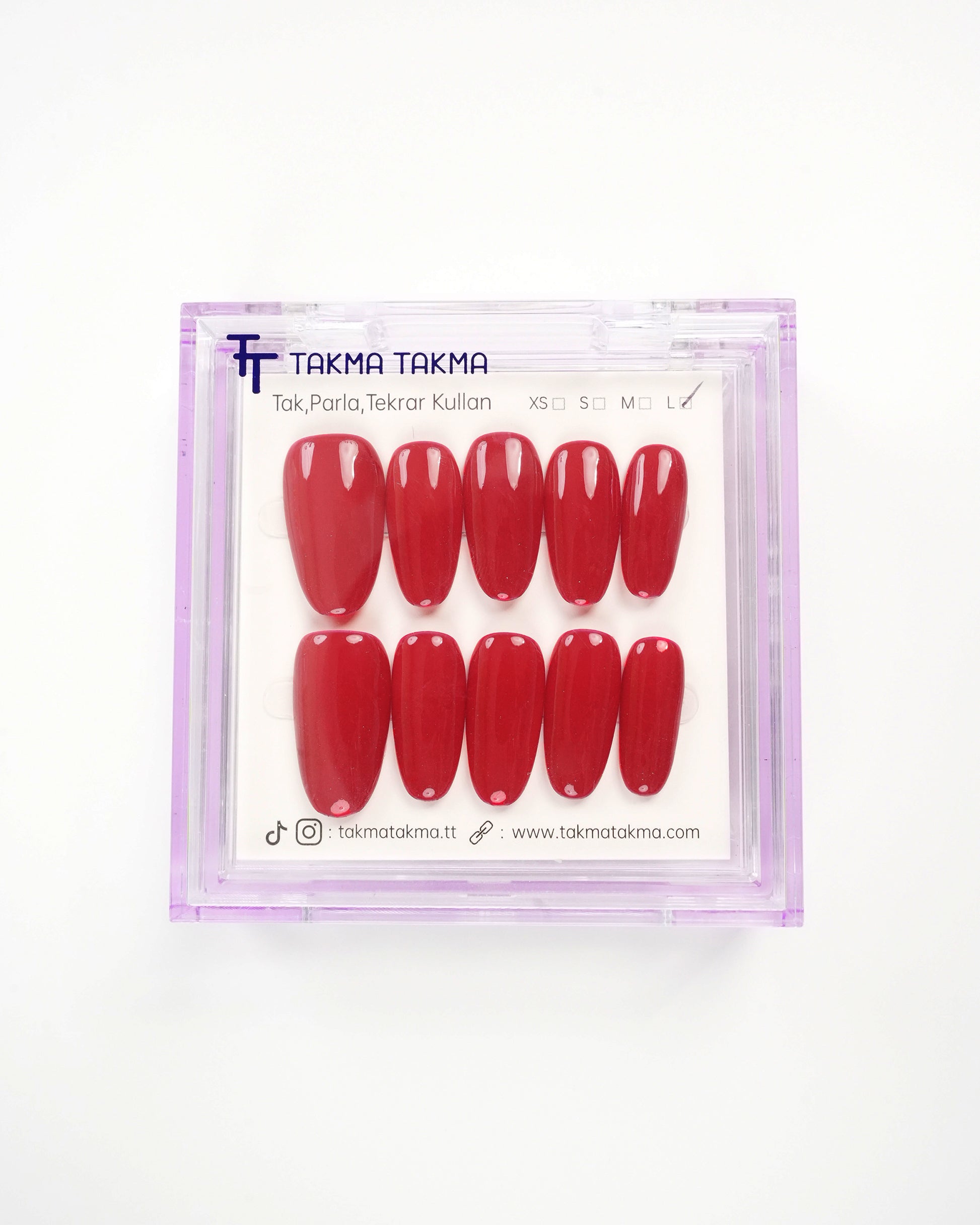 15'li Kırmızı Uzun Oval UOV1565 Tekrar Kullanılabilir El Yapımı Protez Takma Tırnak