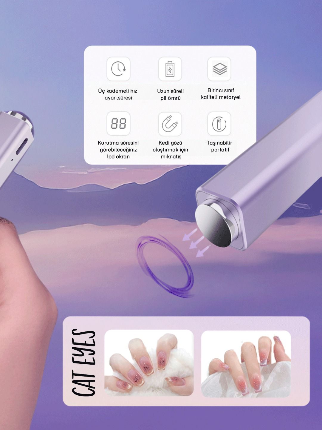 UVKCM Taşınabilir Güçlü Kalıcı Oje ve Protez Tırnak Kurutma Mini UV Type-C Şarjlı, Takma Takma