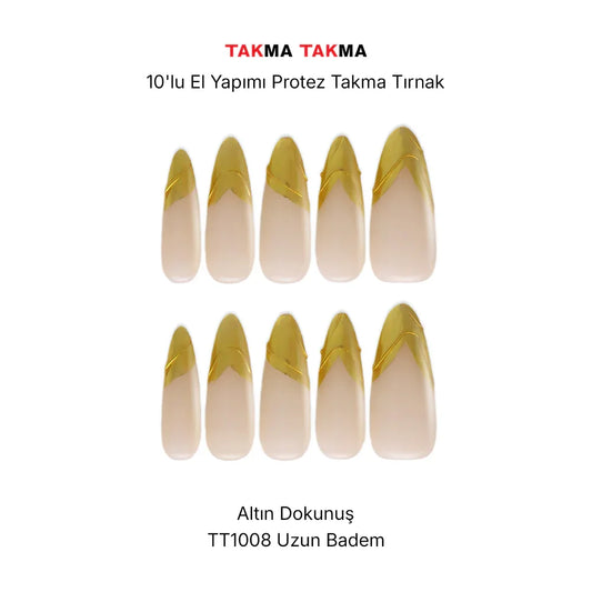 10'lu Beyaz Uzun Badem TT1008 Tekrar Kullanılabilir El Yapımı Protez Takma Tırnak