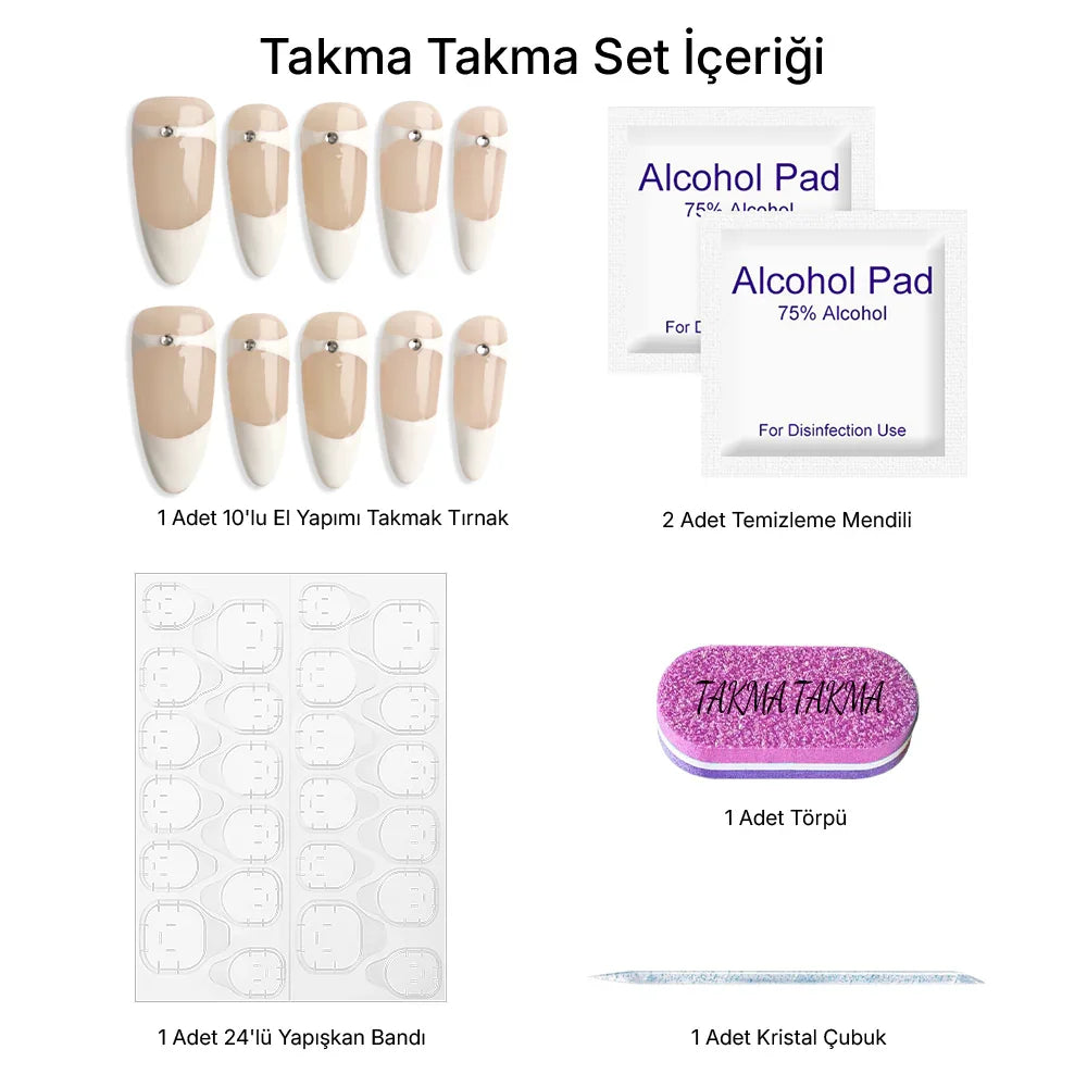 10'lu Ten Rengi Uzun Badem TT1028 Tekrar Kullanılabilir El Yapımı Protez Takma Tırnak Takma Takma