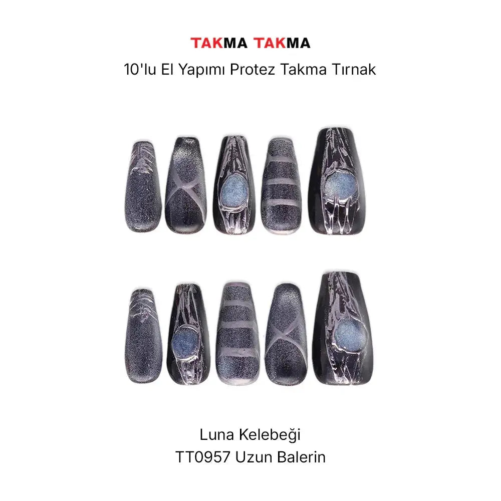 10'lu Siyah Uzun Balerin TT0957 Tekrar Kullanılabilir El Yapımı Protez Takma Tırnak Takma Takma