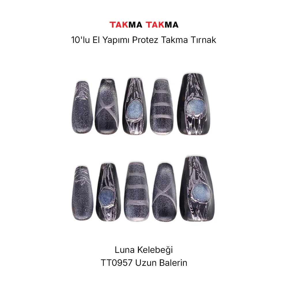 10'lu Siyah Uzun Balerin TT0957 Tekrar Kullanılabilir El Yapımı Protez Takma Tırnak
