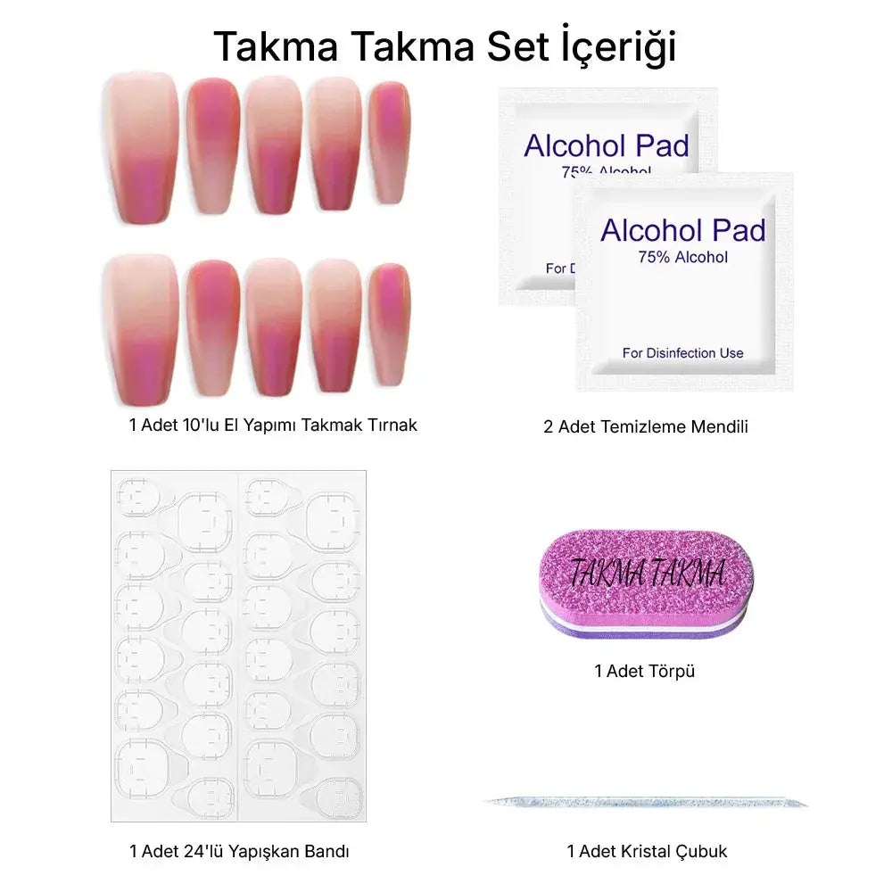 10'lu Pembe Uzun Balerin TT0955 Tekrar Kullanılabilir El Yapımı Protez Takma Tırnak Takma Takma