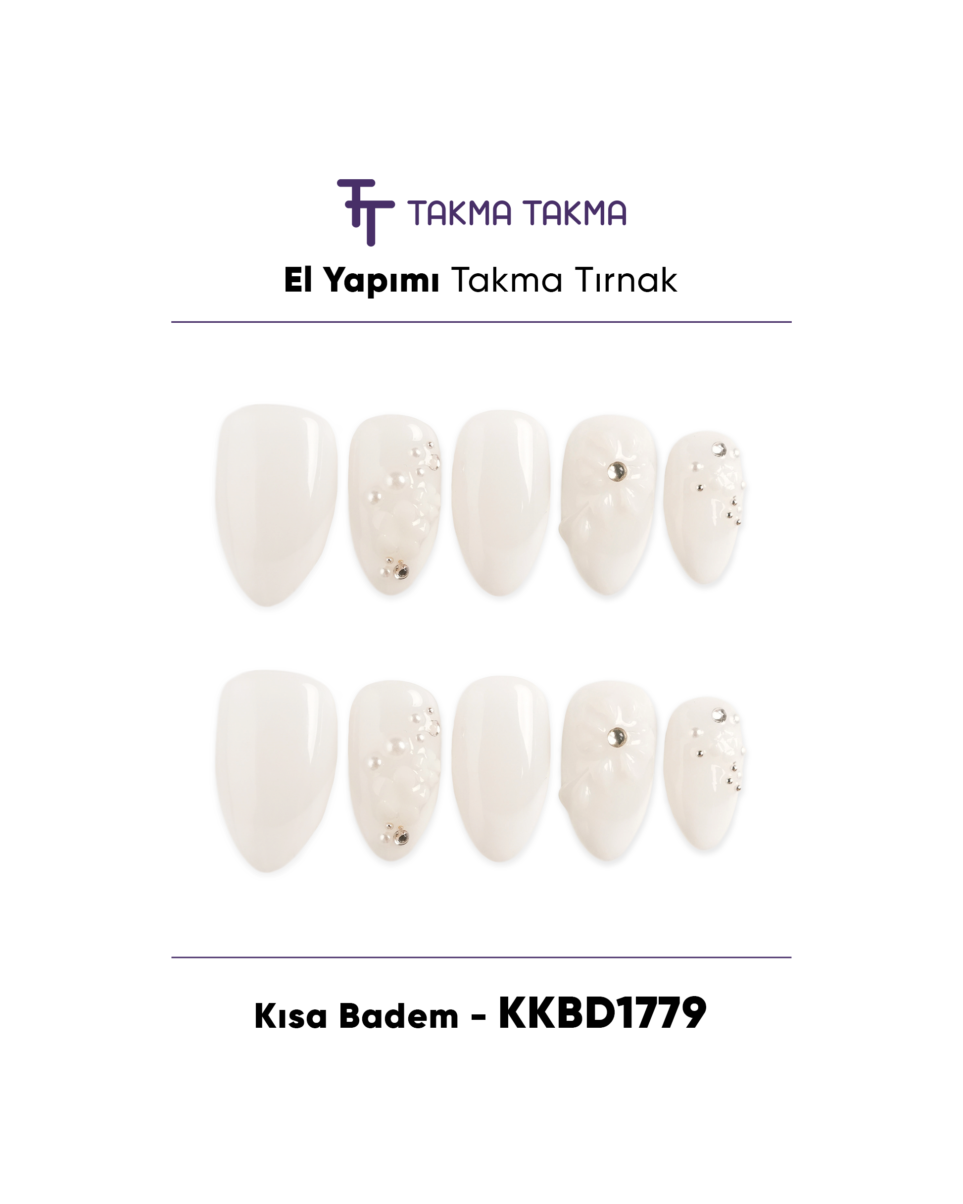 10'lu Beyaz Kısa Badem KKBD1779  Tekrar Kullanılabilir El Yapımı Protez Takma Tırnak