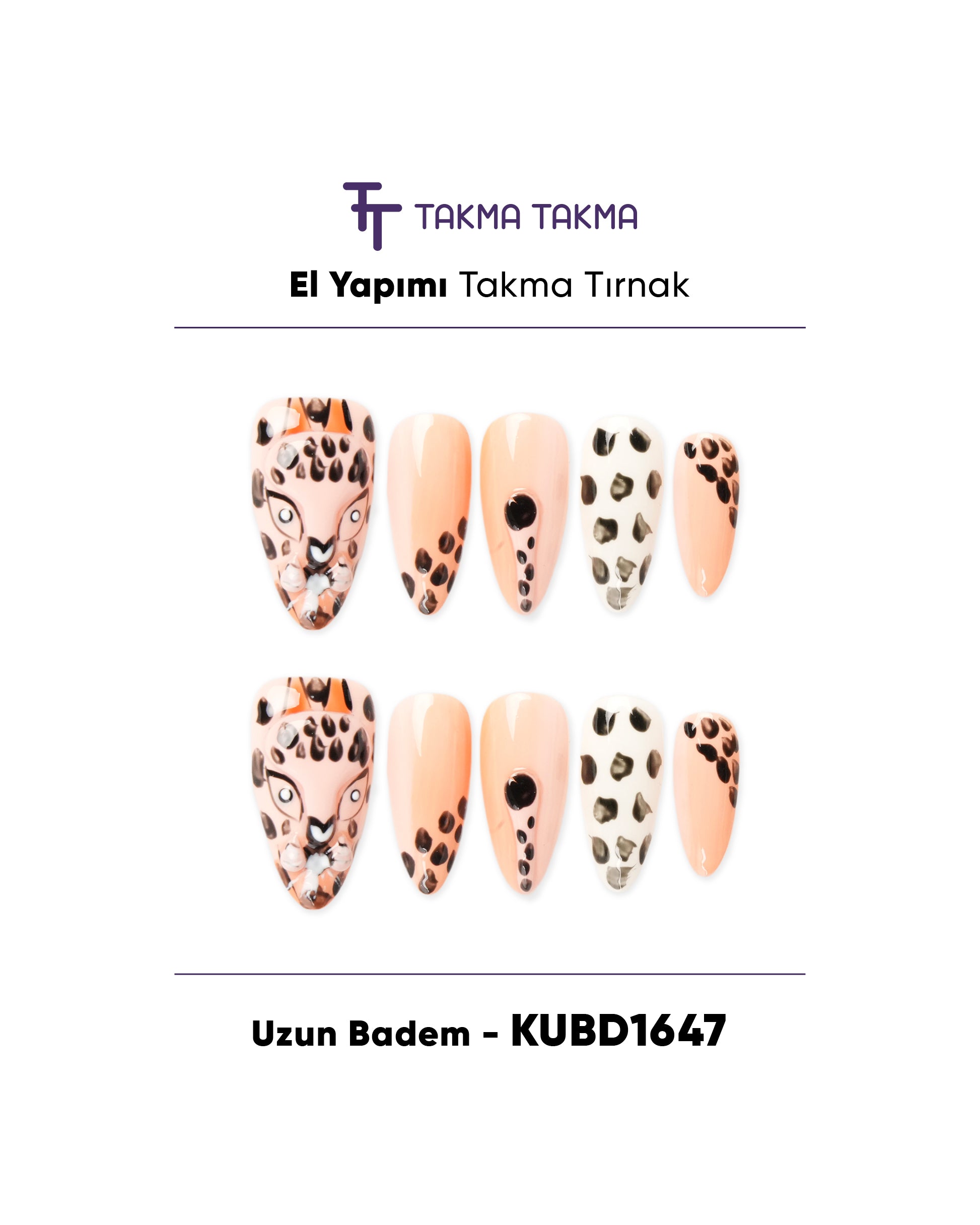 10'lu KUBD1647 Uzun Badem Tekrar Kullanılabilir El Yapımı Protez Takma Tırnak Takma Takma