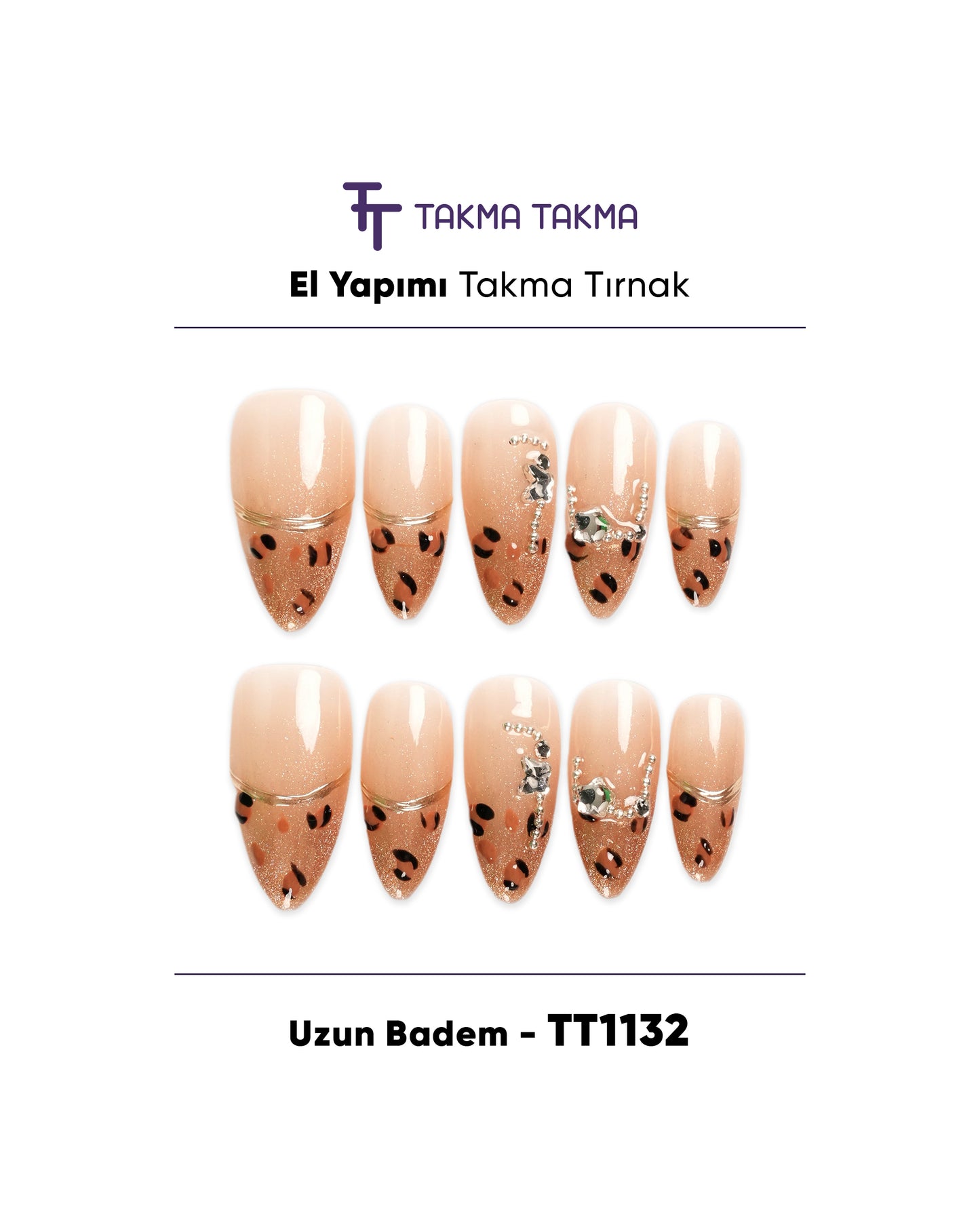 10'lu Ten Uzun Badem TT1132 Tekrar Kullanılabilir El Yapımı Protez Takma Tırnak