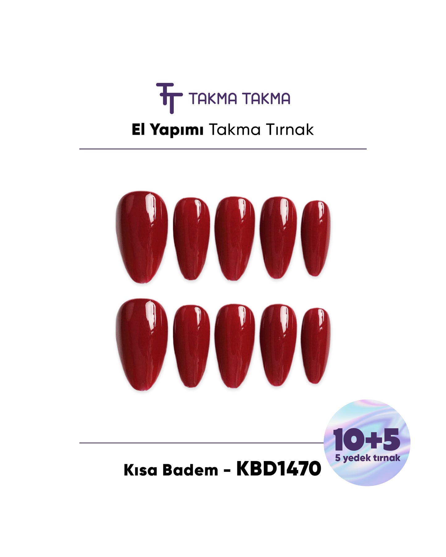15'li Bordo Kısa Badem KBD1470 - Tekrar Kullanılabilir El Yapımı Protez Takma Tırnak