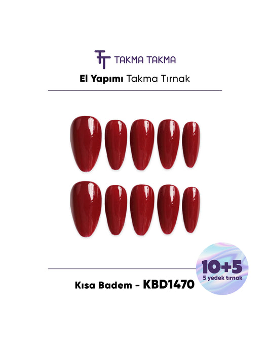 15'li Bordo Kısa Badem KBD1470 - Tekrar Kullanılabilir El Yapımı Protez Takma Tırnak