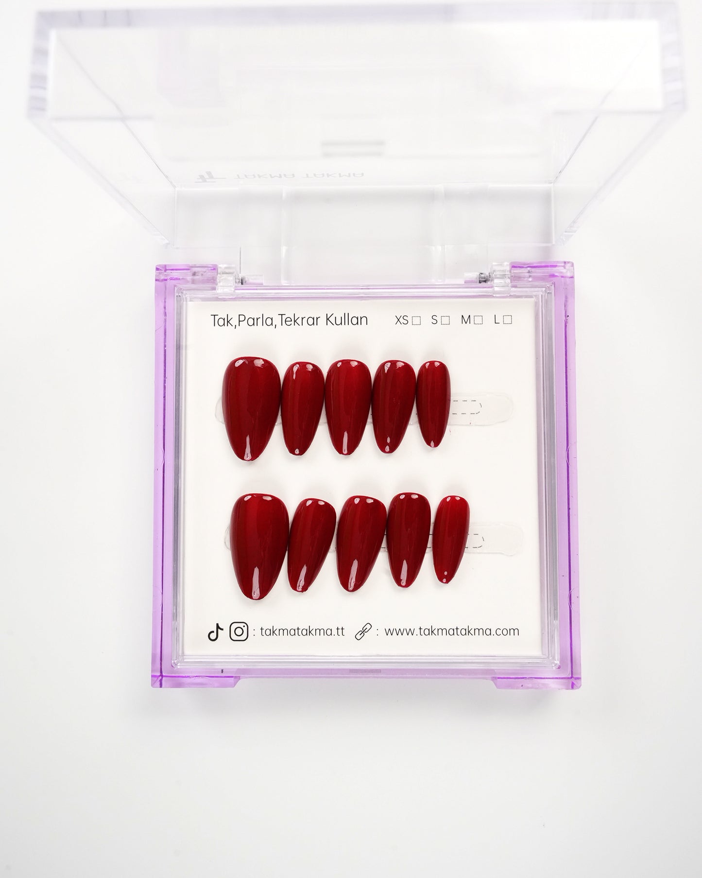 15'li Bordo Kısa Badem KBD1470 - Tekrar Kullanılabilir El Yapımı Protez Takma Tırnak