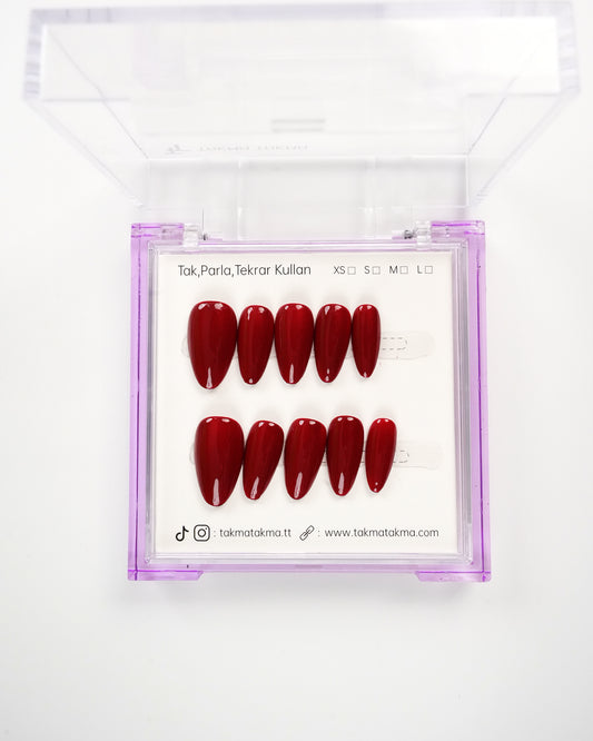 15'li Bordo Kısa Badem KBD1470 - Tekrar Kullanılabilir El Yapımı Protez Takma Tırnak