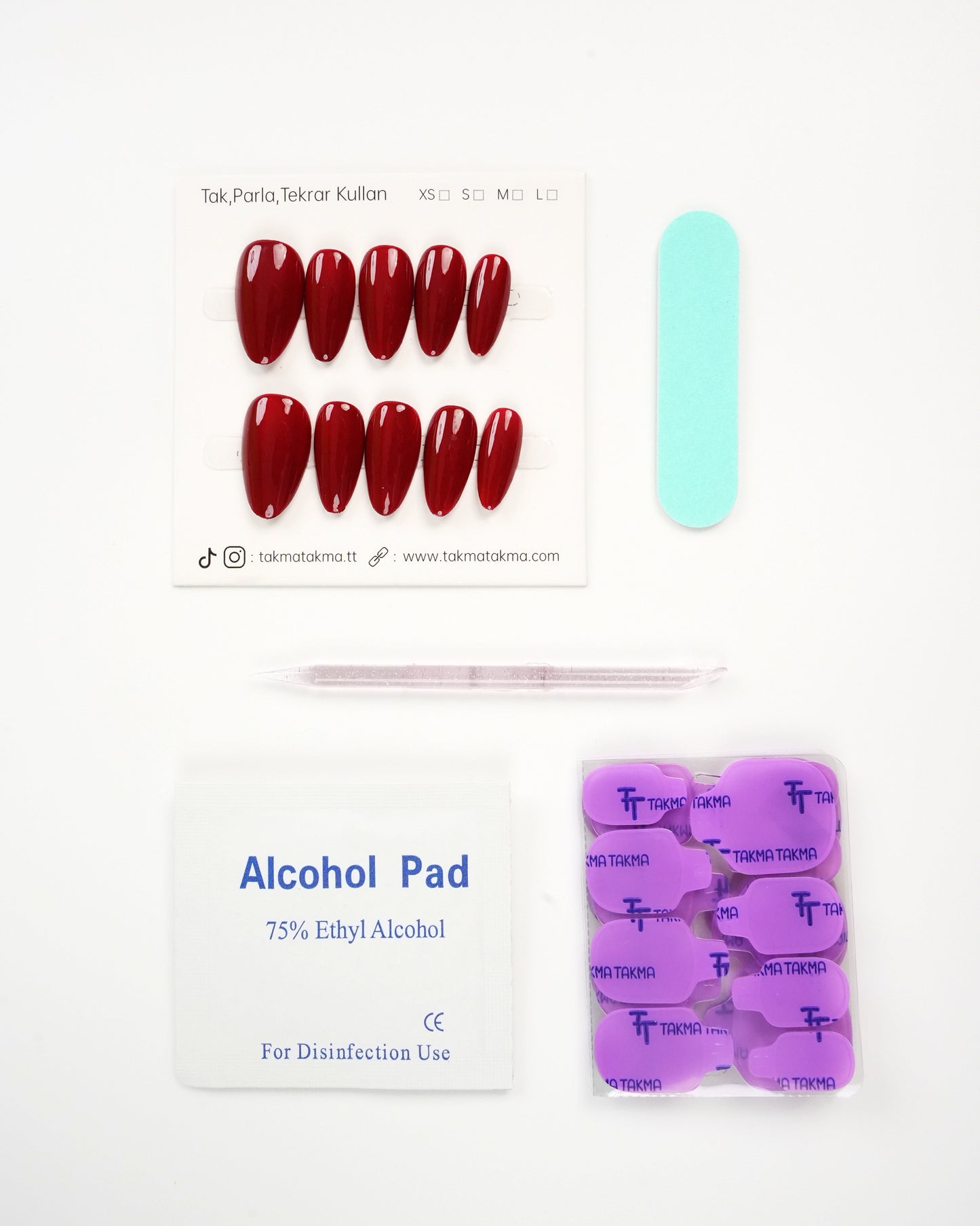 15'li Bordo Kısa Badem KBD1470 - Tekrar Kullanılabilir El Yapımı Protez Takma Tırnak