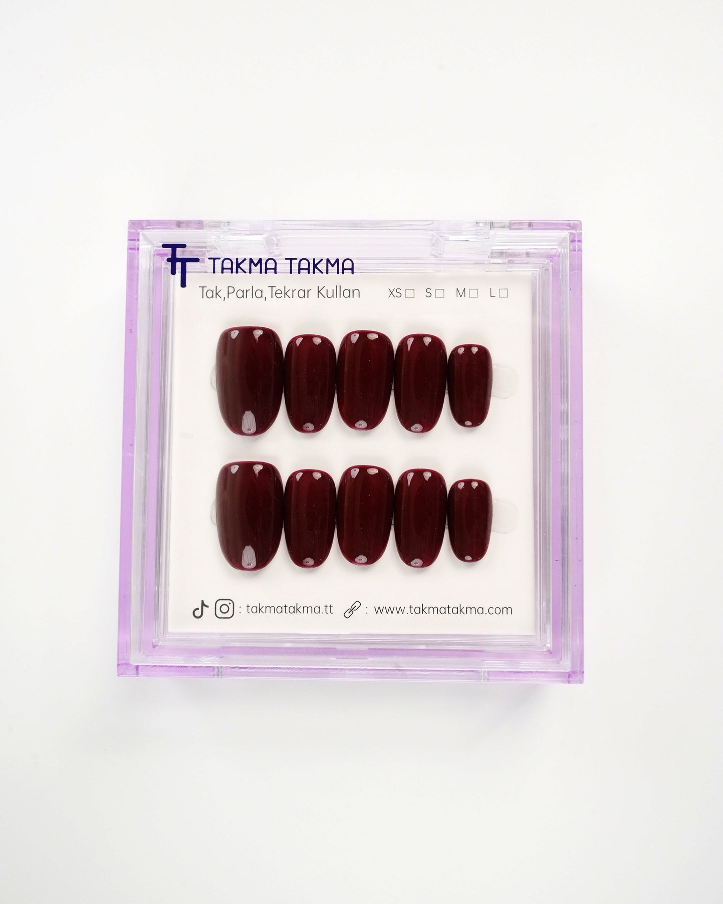 15'li Bordo Kısa Oval TT1420 Tekrar Kullanılabilir El Yapımı Protez Takma Tırnak